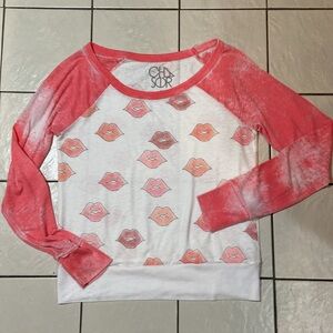 CHASER SMALL NWOT Neon Pink and White Lip Print Long Sleeve Burnout Top